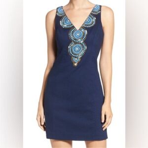 Lilly Pulitzer Gabby True Navy Blue Gold Beaded Jewel V-Neck Shift Dress - Sz 6